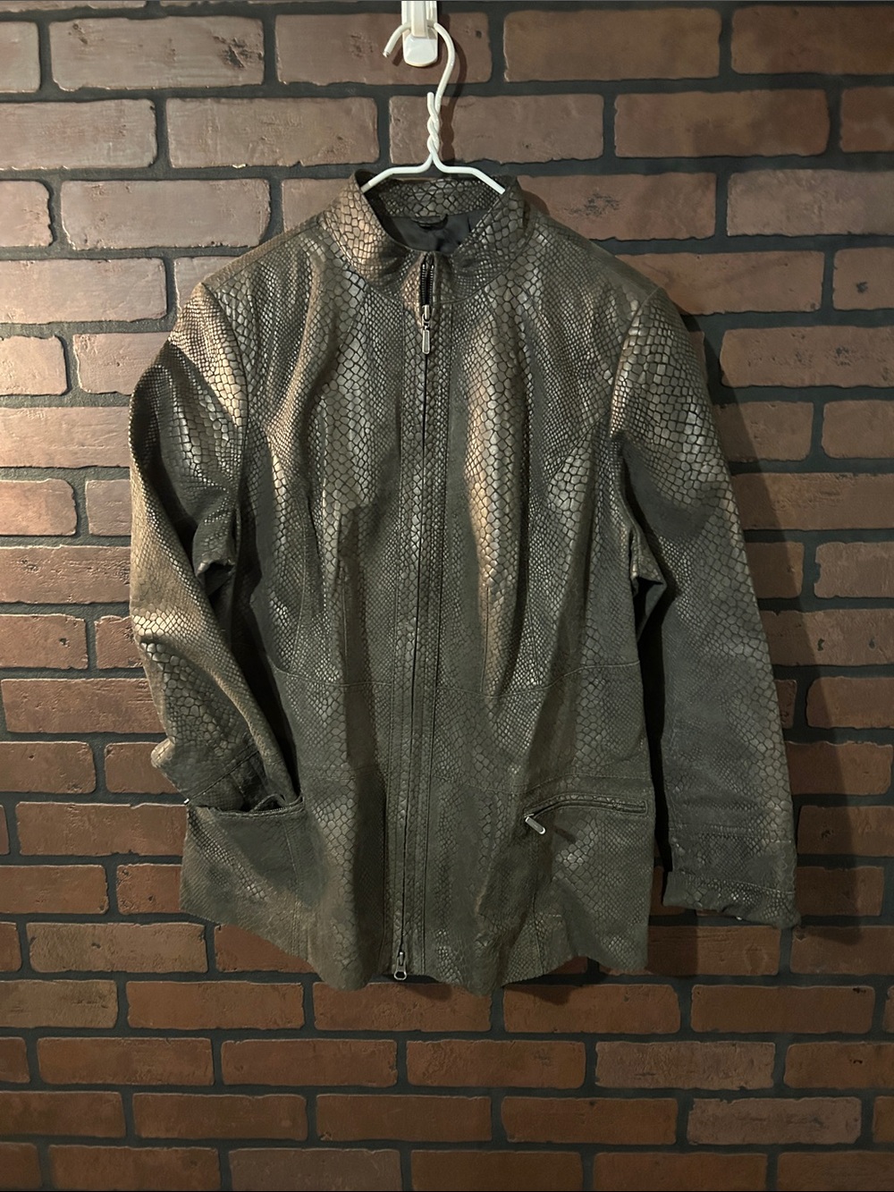 Alfani Women's Snake-Texture Zip Leather Jacket - Olive